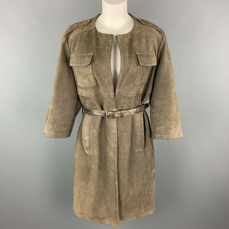 PRADA Size S Olive Green Textured Sueded Leather Alligator Belt Military Coat Zip Front Button Front Snap Front PRADA Size S Olive Green Textured Sueded Leather Alligator Belt Military Coat Zip Front Button Front Snap Front