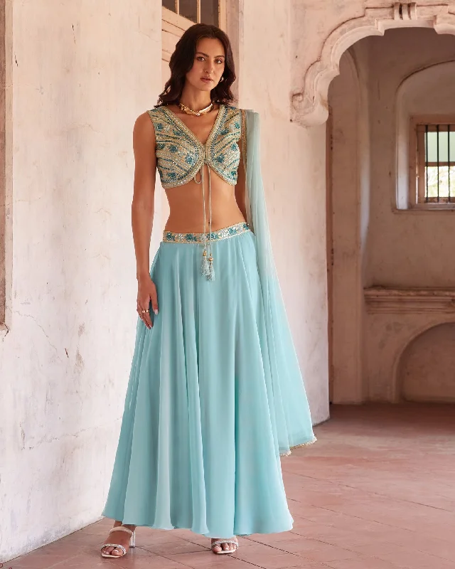 Sky Blue Crop Top Lehenga With Dupatta In Georgette Fabric Casual Formal Business