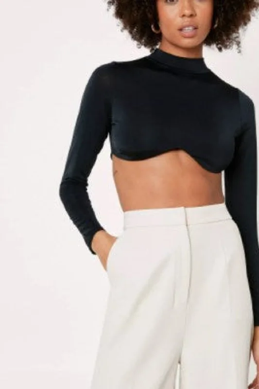 High Neck Under Cup Line Detail Crop Top Mesh Fabric Canvas Fabric Denim Fabric