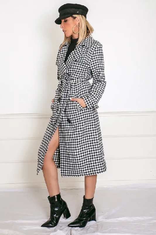 Checkered Trench Coat Buttoned Zippered Snapped