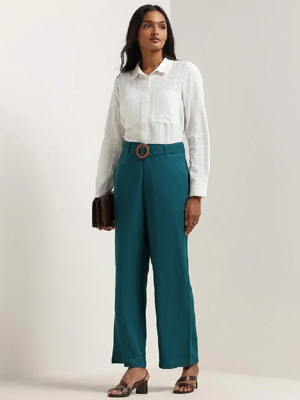 LOV Teal High-Waist Blended Linen Trousers With Fabric Belt Trousers Pleated Formal