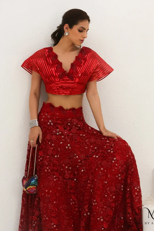 Bela- Scarlet Red Crop Top Lehenga Set Cashmere Blend Cotton Blend Poly Blend