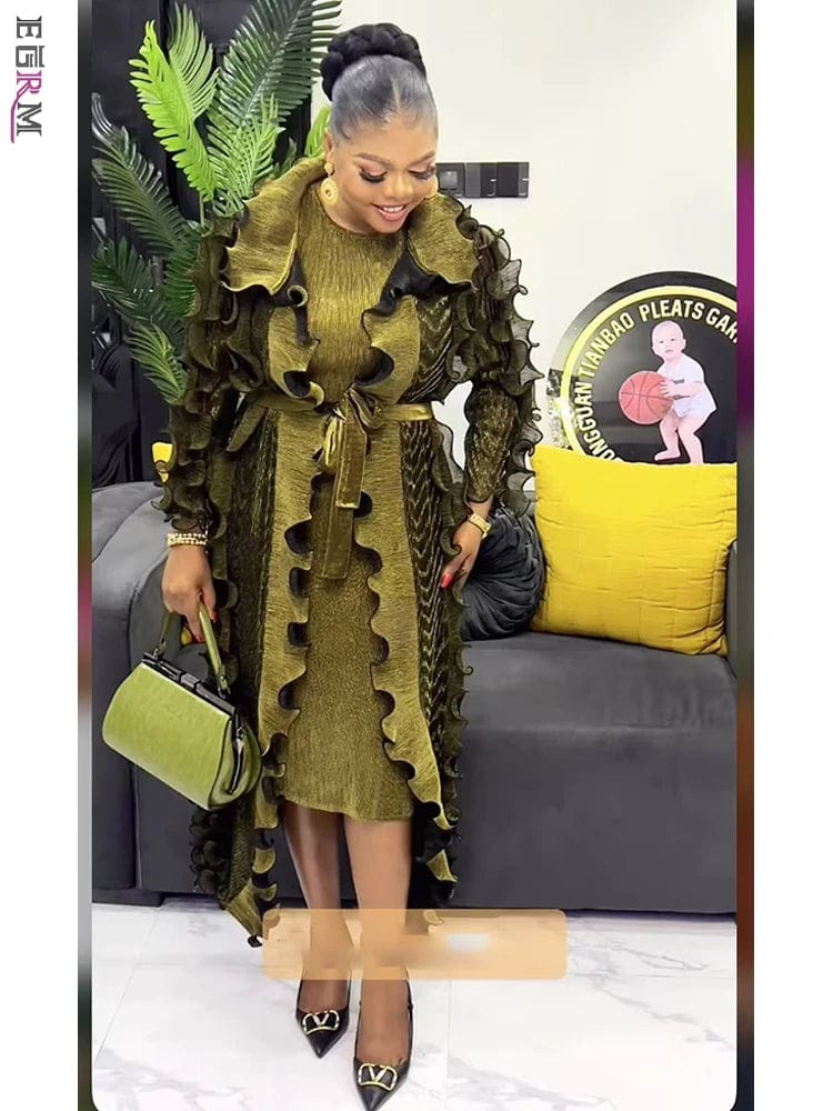 EGRM Pleated 2 Piece Sets Fashion Ruffles Long Sleeves Coat with Suspender Slim High Waist Female Clothing Autumn 2024 New 6R218 Lapel Coat Peter Pan Collar Coat Cowl Neck Coat