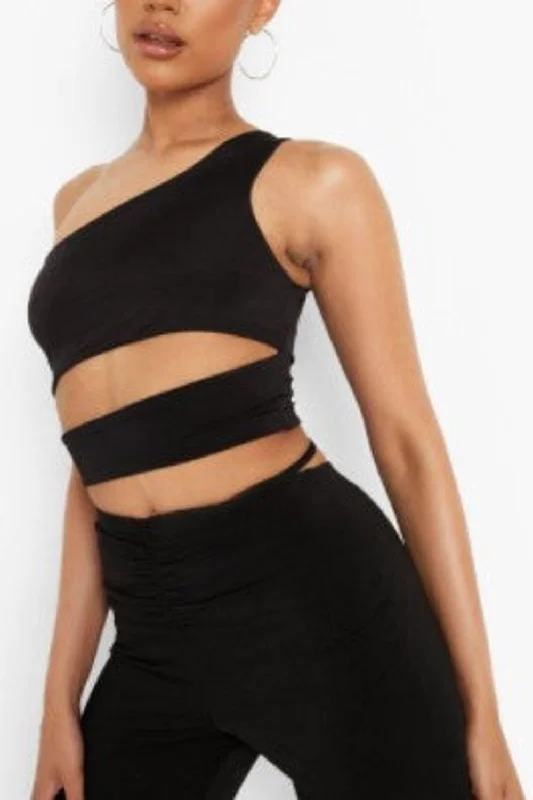 Black Double Layer Slinky One Shoulder Crop Top Elegant Classic Vintage