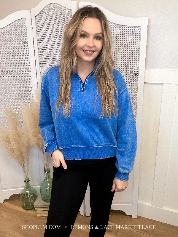 Ocean Blue Acid Wash Fleece Pullover Besom Neck Pullover