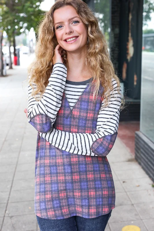 Feeling Playful Plaid/Stripe Outseam Stitch Elbow Patch Pullover Long Sleeve Pullover