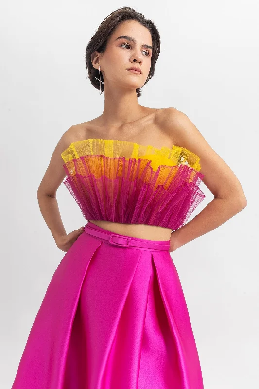 Ruffled tulle crop top with belted skirt Polka Dot Checkered Tartan