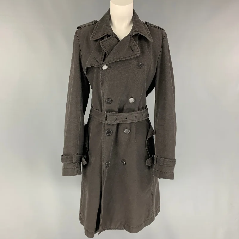 VERONIQUE BRANQUINHO Size 12 Charcoal Cotton Double Breasted Belted Trench Coat Hooded Jacket Zipper Jacket Button Jacket VERONIQUE BRANQUINHO Size 12 Charcoal Cotton Double Breasted Belted Trench Coat Hooded Jacket Zipper Jacket Button Jacket