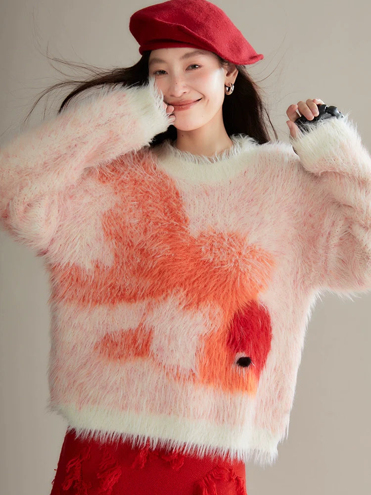 Red Koi Fish Fuzzy Sweater - Kawaii Fluffy Winter Pullover Honey Neck Pullover