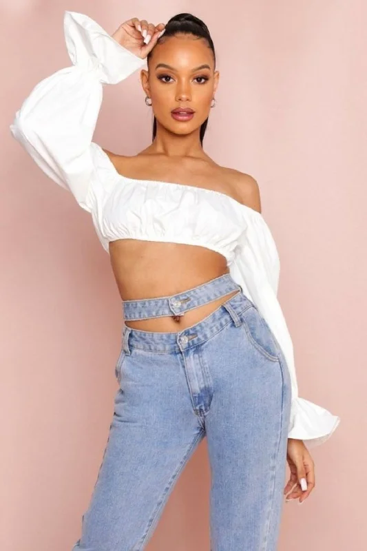 Off Shoulder Slim White Crop Top Hooded Caped Shawl Collar