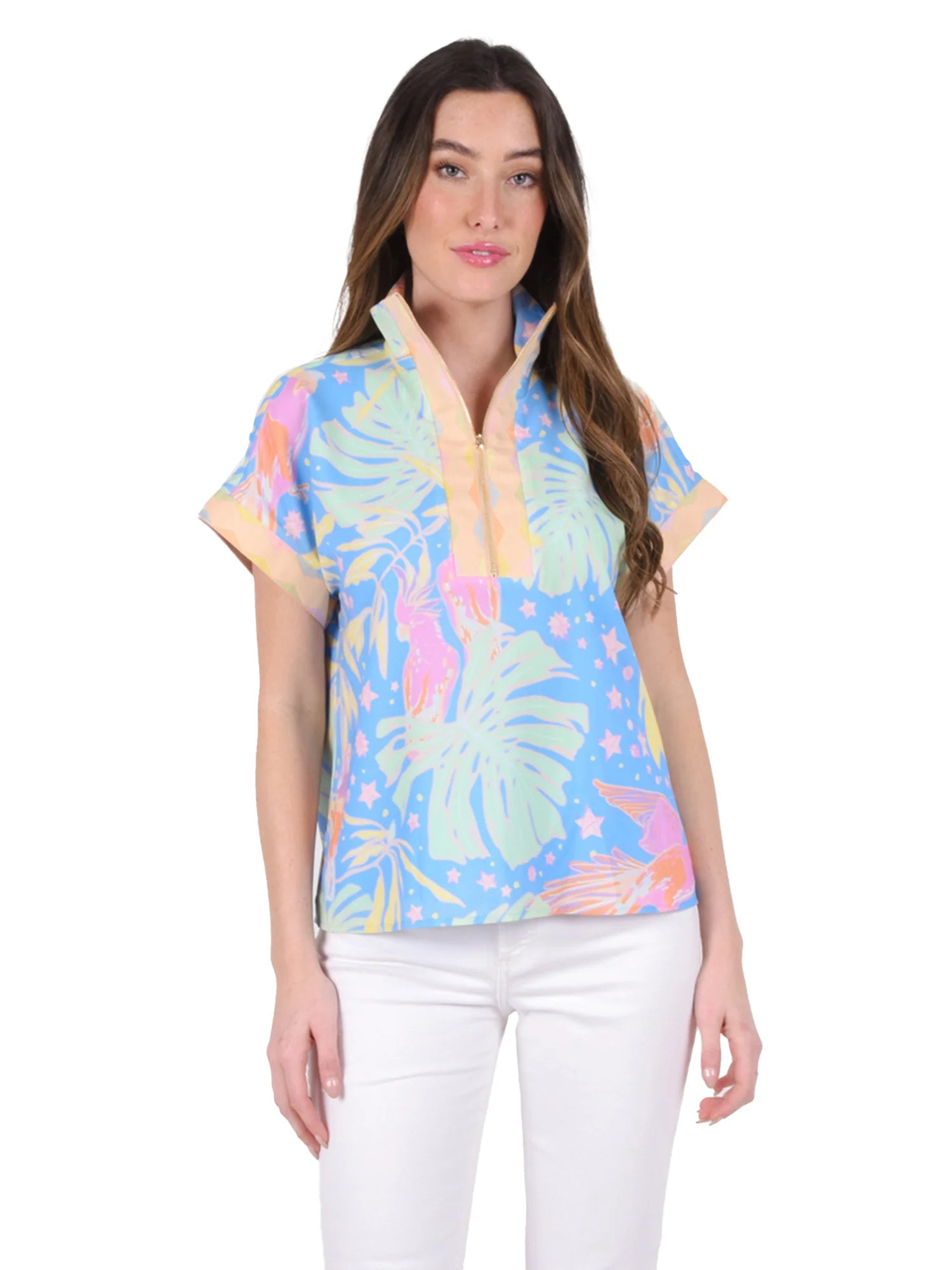 Poppy Pullover in Parrot Party Notched Neck Pullover