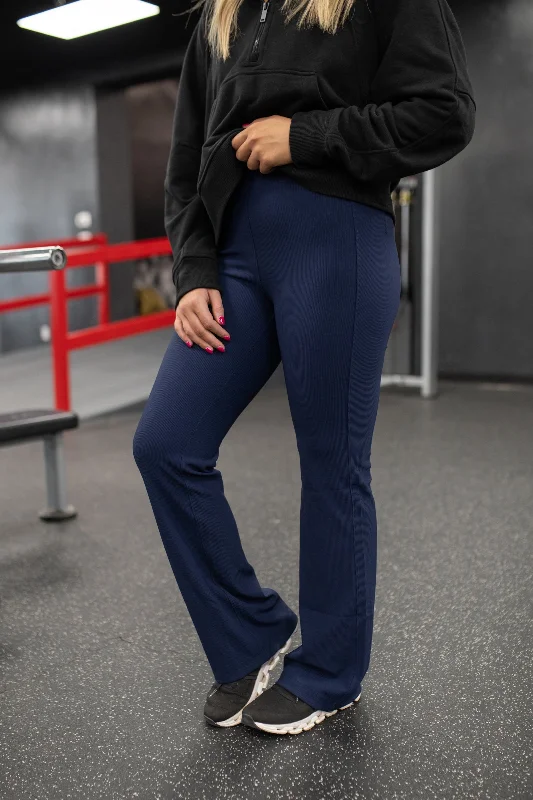 Navy 2X2 Nylon Rib Pintuck Leggings Comfortable Workout Fitness Leggings