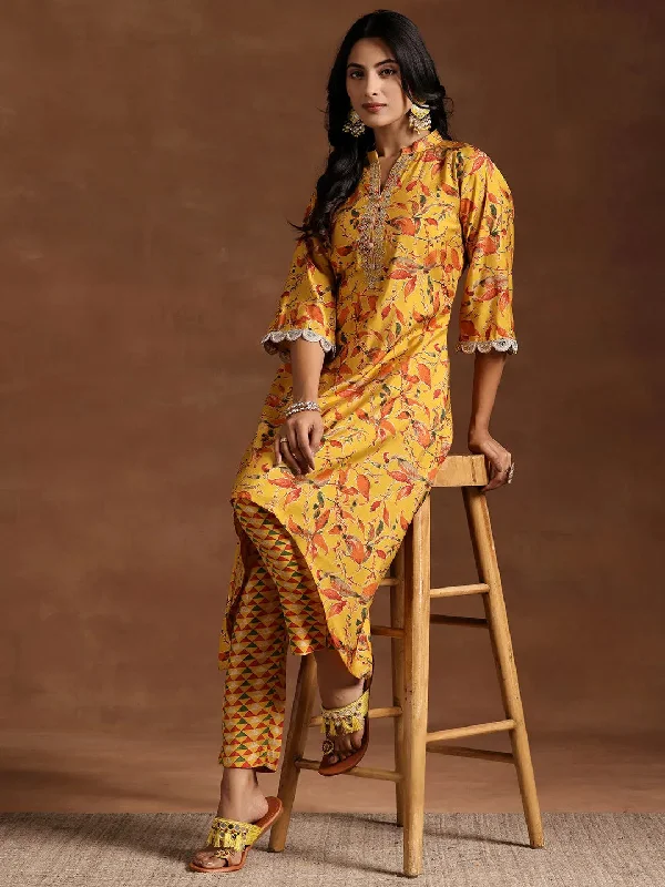 Mustard Printed Silk Blend A-line Kurta With Trousers Trousers Versatile Stylish