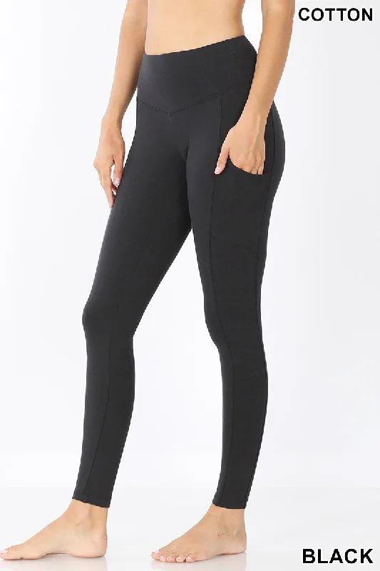 Beautifully Basic Cotton Stretch Full Length Leggings with Side Pockets - Black Elegant Shiny Black Leggings