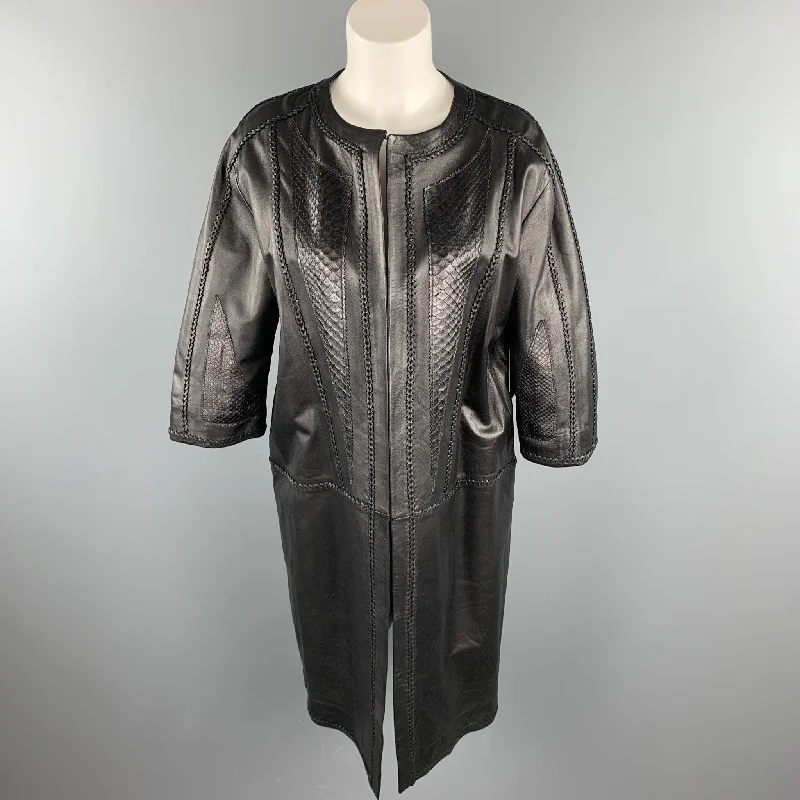 GIZIA Size 4 Black Leather Lamb Skin Braided Open Front Coat Parka Anorak Hoodie