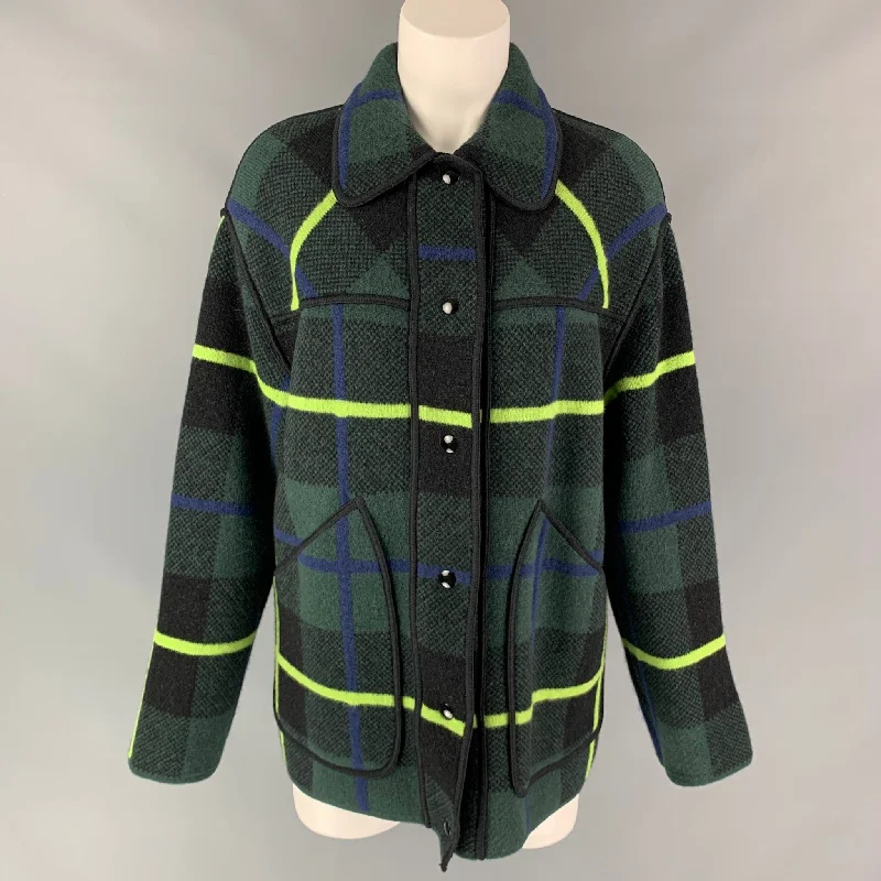 M MISSONI Size S Green & Back Knitted Plaid Virgin Wool Oversized Coat Mesh Canvas Denim