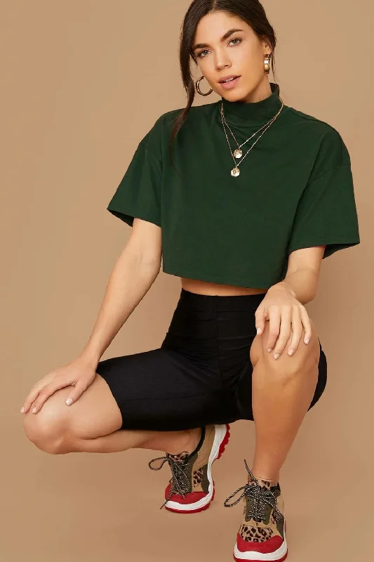Boxy Dark Green Crop Top Mesh Blend Leather Blend Suede Blend