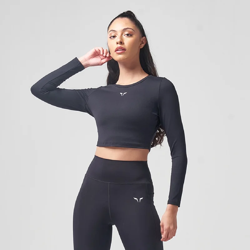 Essential Full Sleeves Crop Top - Black Embroidered Appliqued Beaded