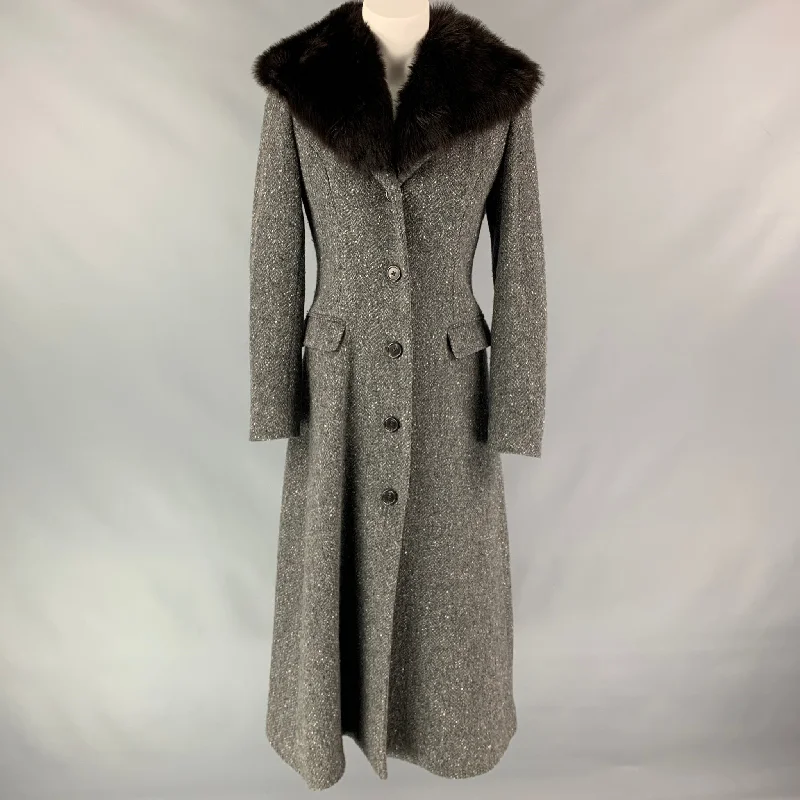 RALPH LAUREN Black Label Size 4 Grey Heather Herringbone Wool / Cashmere Fur Collar Coat Herringbone Houndstooth Plaid RALPH LAUREN Black Label Size 4 Grey Heather Herringbone Wool / Cashmere Fur Collar Coat Herringbone Houndstooth Plaid