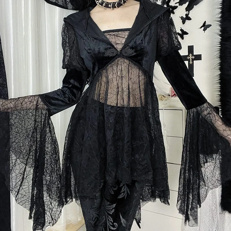 Women's Gothic Flare Sleeved Lace Coat with Hood Satin Silk Chiffon