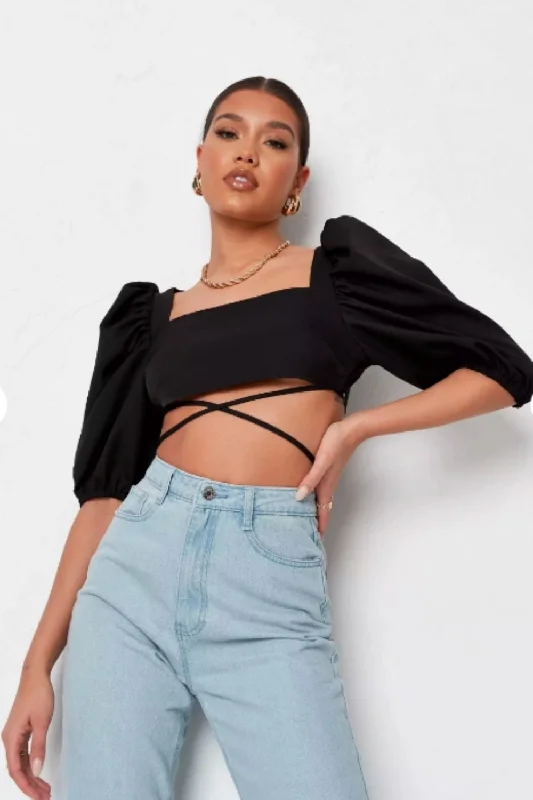 Pull Sleeve Wrap Crop Top Front Pockets Side Pockets Patch Pockets
