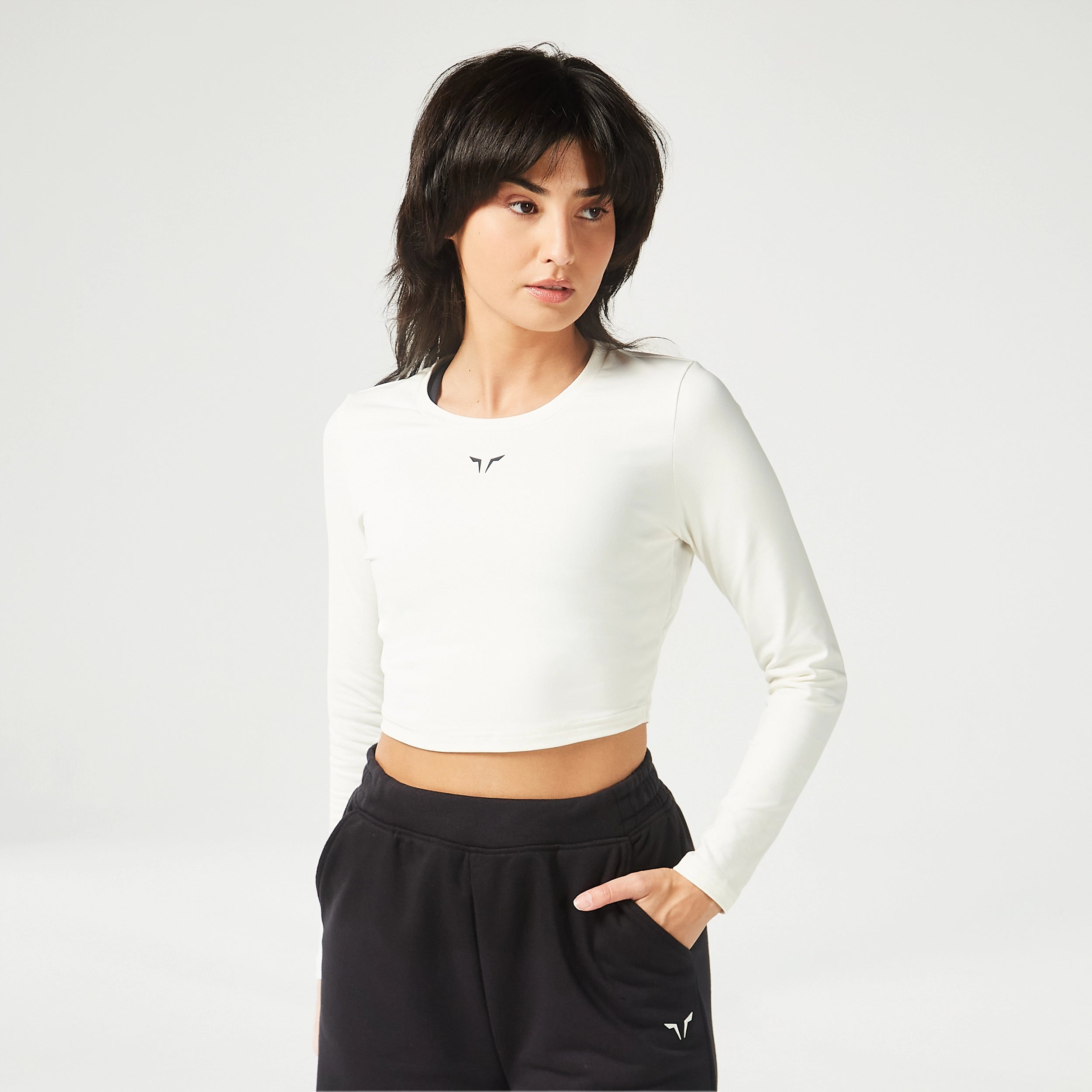 Essential Full Sleeves Crop Top - Pearl White Sequined Glittery Shiny