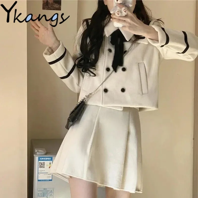 Solid Winter Warm Woolen Elegant Skirts Suit Women College Lapel Double Breasted Coat Pleated Casual A-line Korean Skirts Female Rayon Velvet Corduroy Solid Winter Warm Woolen Elegant Skirts Suit Women College Lapel Double Breasted Coat Pleated Casual A-line Korean Skirts Female Rayon Velvet Corduroy