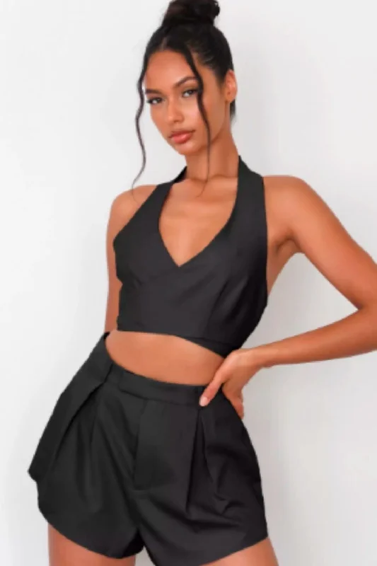 Halter Neck Wrap Crop Top Welt Pockets Slit Pockets Flap Pockets