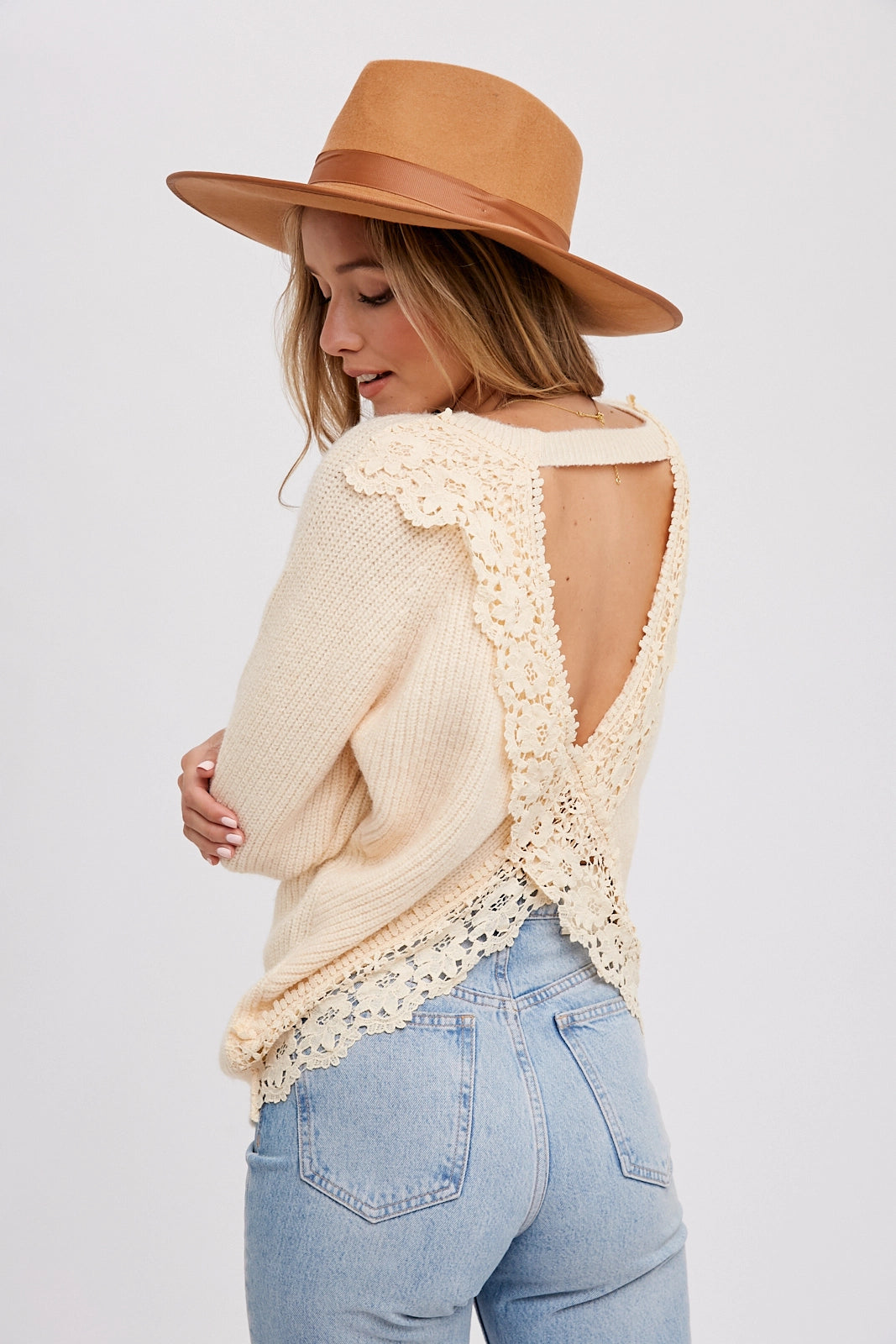 Crochet Lace Open Back Pullover Flare Sleeve Stylish