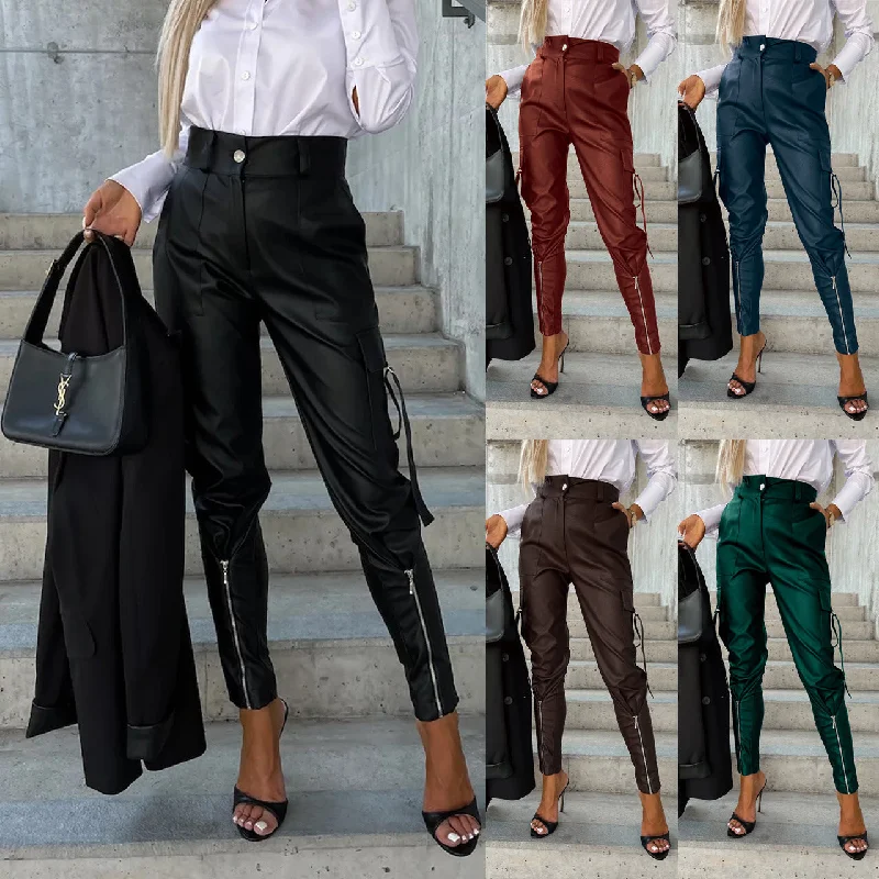 Fashion Slim-fitting Leather Trousers Women Waist-cinching Zipper Design Pants With Pockets Trousers Floral Bohemian Fashion Slim-fitting Leather Trousers Women Waist-cinching Zipper Design Pants With Pockets Trousers Floral Bohemian