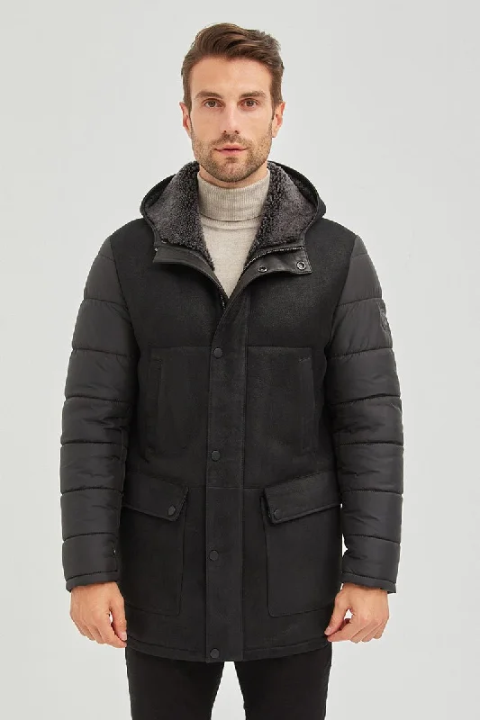 Alpine Men's Hooded Shearling Sheepskin Coat - Black Bomber Jacket Denim Jacket Leather Jacket