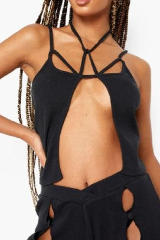 Rib Split Front Strappy Crop Top Layered Multi-layer Single Layer