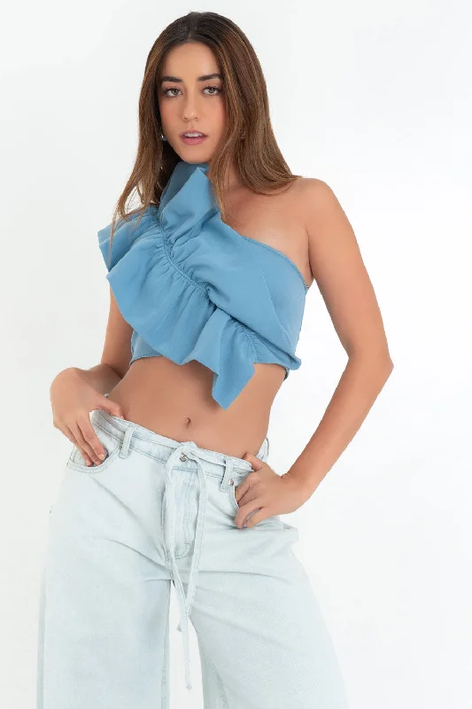 Crop top asimétrico con detalle olanes Solid Print Embellished
