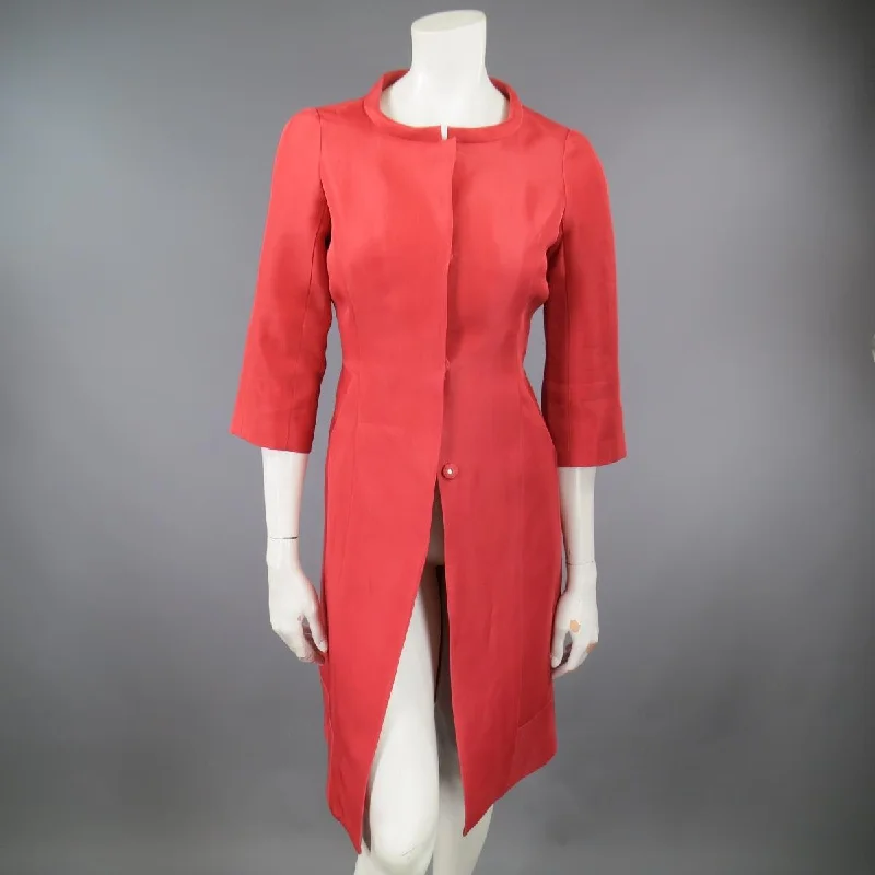 J. MENDEL Size 6 Salmon Red  Silk Hidden Snap Evening Coat Asymmetrical Diagonal princess