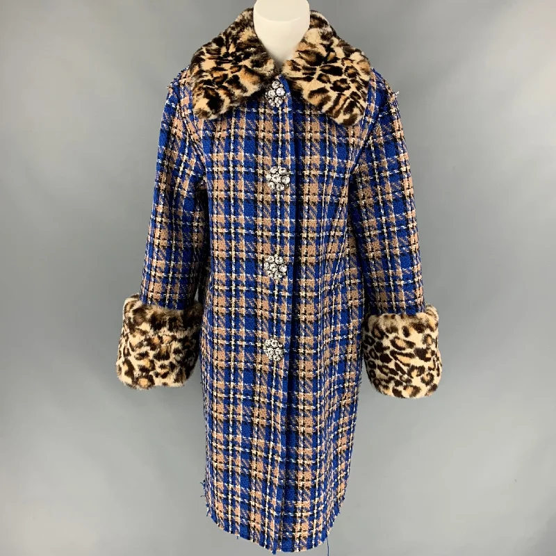 MARC JACOBS Size 2 Blue & Tan Wool / Polyamide Plaid Rabbit Fur Crystal Buttons Coat Striped Polka Dot Floral