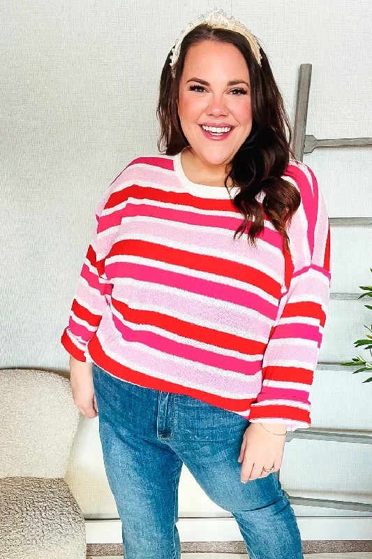 Follow Me Red/Pink Loose Knit Stripe Ribbed Pullover Fine Merino Wool