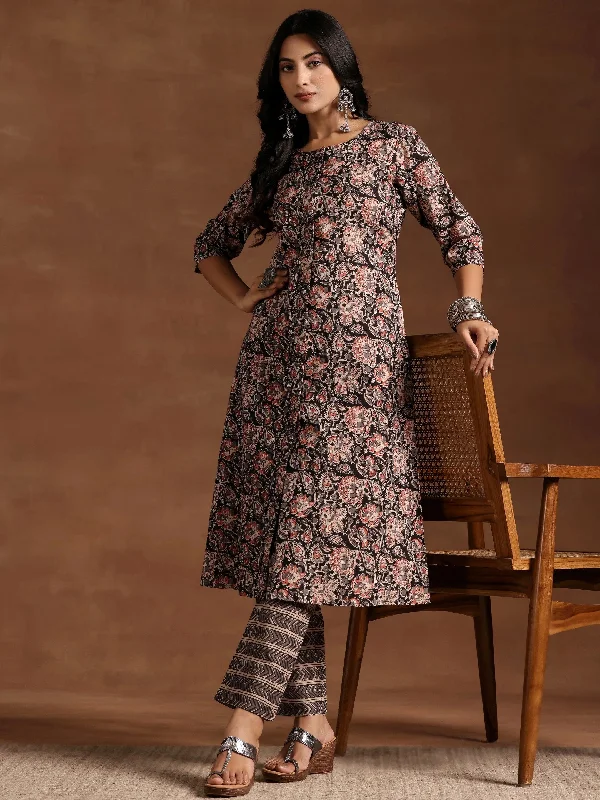 Black Printed Cotton A-line Kurta With Trousers Trousers trendy modern