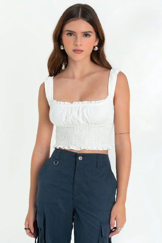 Crop top sin mangas escote cuadrado con olanes Fleece Fabric Down Fabric Feather Fabric Crop top sin mangas escote cuadrado con olanes Fleece Fabric Down Fabric Feather Fabric