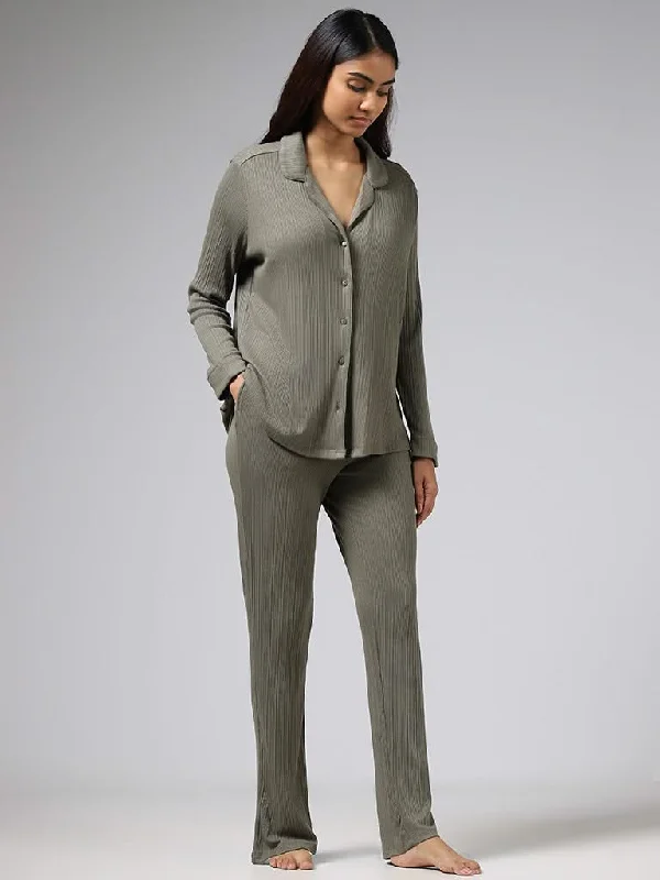 Wunderlove Light Olive Self-Striped Supersoft Trousers Trousers chic fashionable