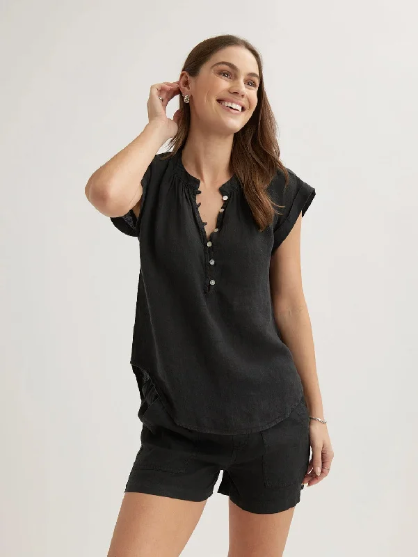 Cap Sleeve Pullover Top - Black Short Puff Sleeve