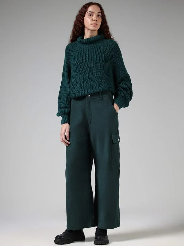 Nuon Green Ribbed Cotton Mid-Rise Trousers Trousers Cargo pockets