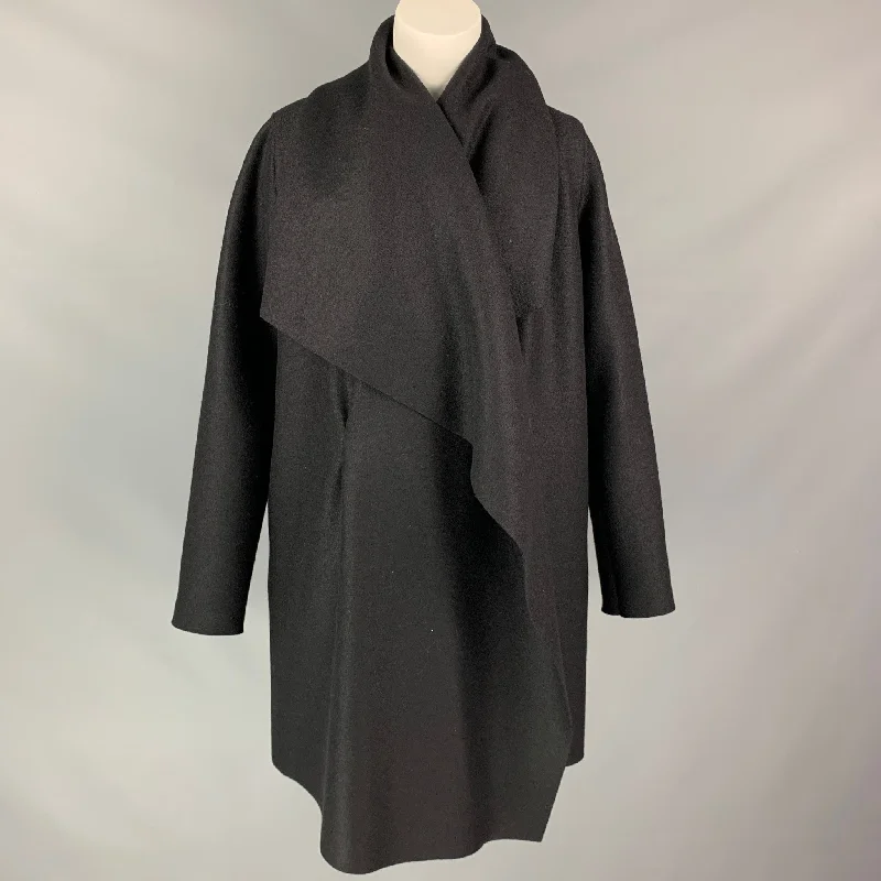 HARRIS WHARF LONDON Size M Black Wool Open Front Coat Asymmetrical Collar Hooded Zippered HARRIS WHARF LONDON Size M Black Wool Open Front Coat Asymmetrical Collar Hooded Zippered