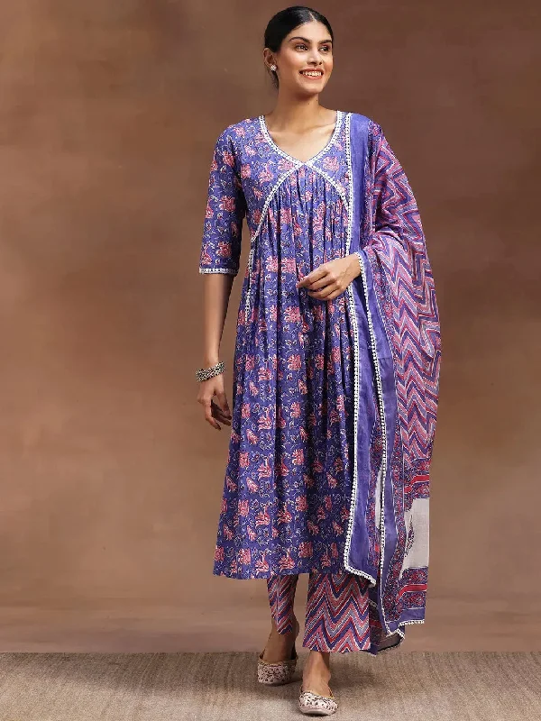 Purple Printed Cotton A-line Kurta With Trousers & Dupatta Trousers Harem Relaxed Fit Purple Printed Cotton A-line Kurta With Trousers & Dupatta Trousers Harem Relaxed Fit