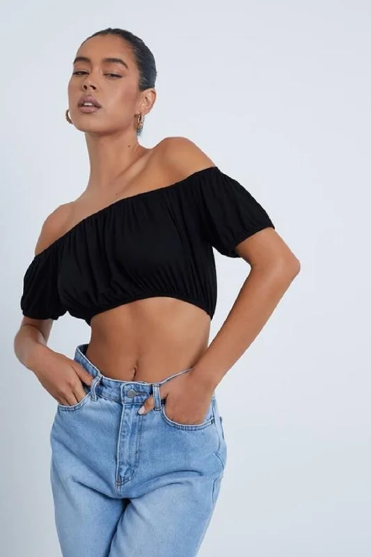 Off Shoulder Black Crop Top Satin Fabric Silk Fabric Chiffon Fabric