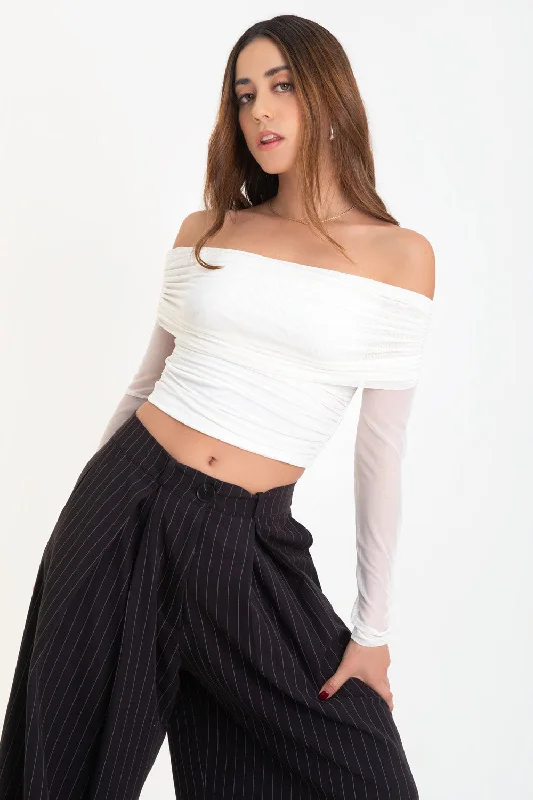 Crop top de mesh hombros descubiertos Houndstooth Herringbone Solid