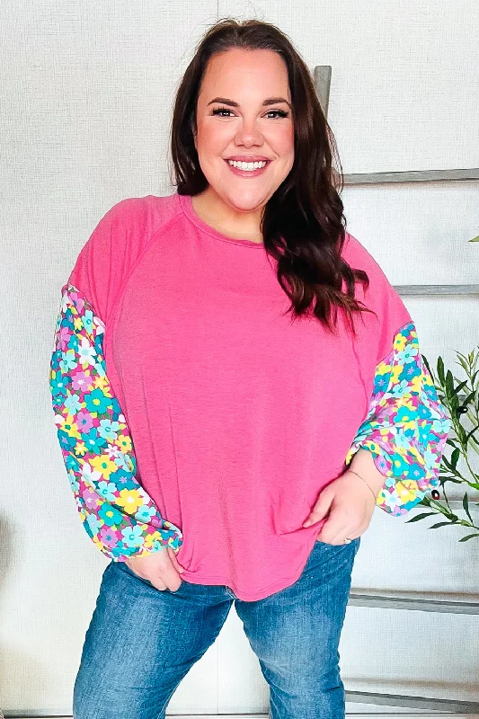 Lock Eyes Pink & Floral Bubble Sleeve French Terry Pullover Cable Knit Chunky