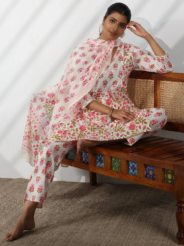 White Printed Cotton A-Line Kurta With Trousers & Dupatta Trousers Bridal Satin