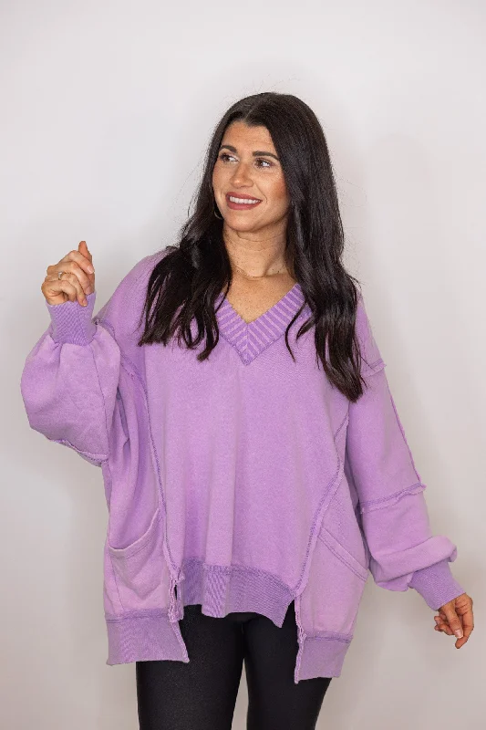 Cozy Era Washed Lavender Pullover Three Quarter Sleeve