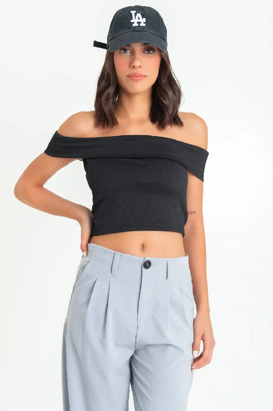 Crop top canalé ajustado de hombros descubiertos Terry Blend Velvet Blend Canvas Blend