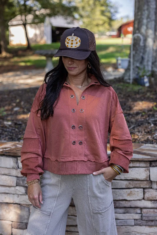Eyelet Adorned Rust Knit Pullover Sabrina Neck Pullover